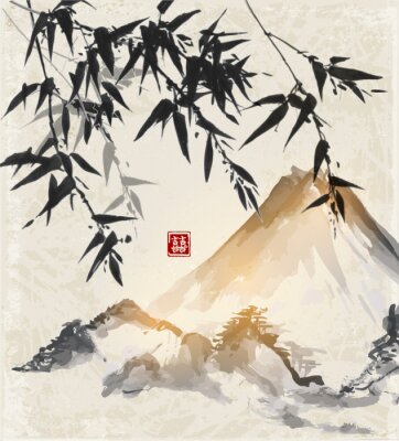 Poster  Bambou noir sur fond de montagne aquarelle