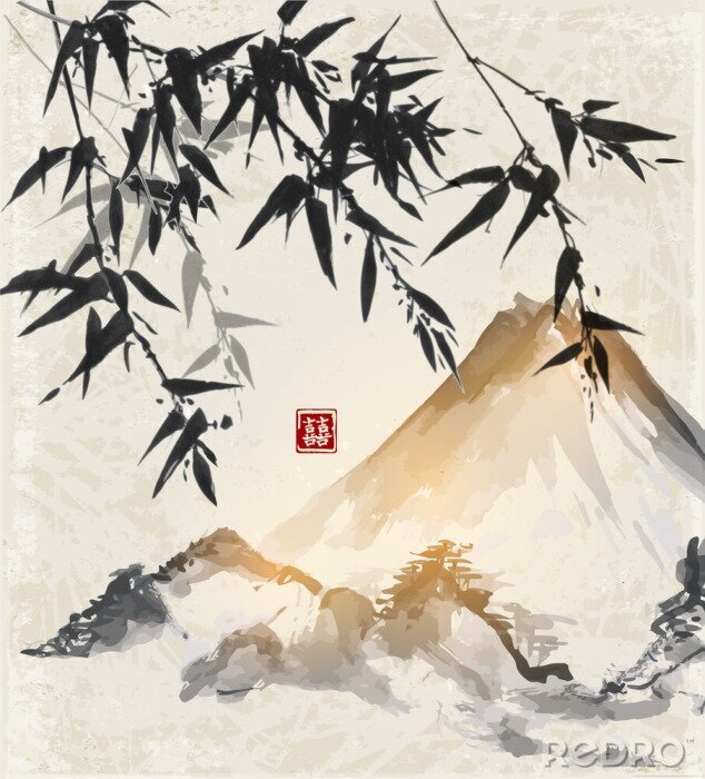 Poster  Bambou noir sur fond de montagne aquarelle