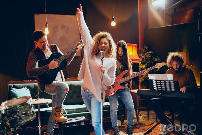Poster  Band practice for the show. Woman with curly hair holding microphone and singing while man in background playing acoustic guitar. Home studio interior.