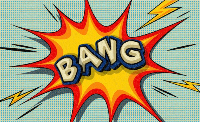 Poster  Bang!  Pop art cloud bubble. Wow funny speech bubble. Trendy Colorful retro vintage background in pop art retro comic style. Vector Illustration easy editable for design. Explosion comic cartoon