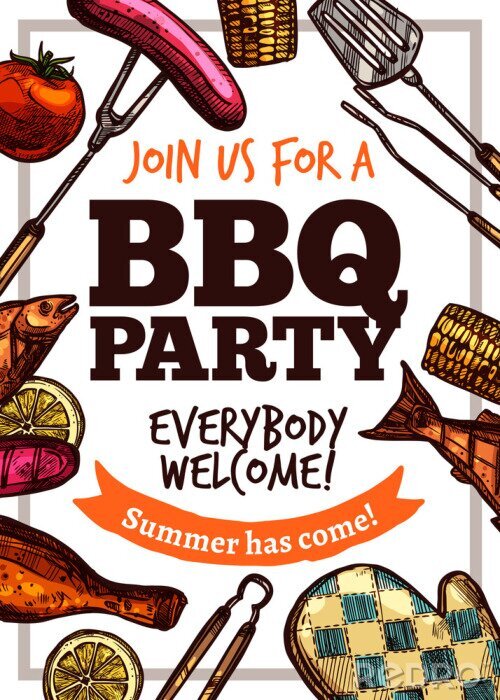 Poster  Barbecue vector hand drawn party poster with grill food. Sketch bbq design with typography