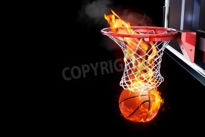 Poster  Basket Flaming passer par une chambre de filet de la cour pour le texte ou une copie espace sur un fond noir