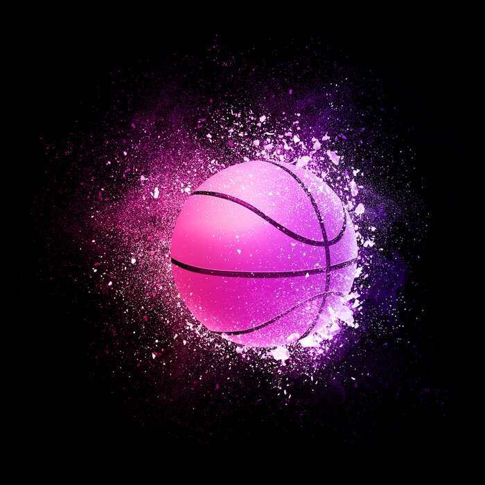 Poster  Basketball Ball flying in violet particles isolated on black background. Sport competition concept for basketball tournament poster, placard, card or banner.