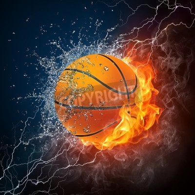 Poster  Basketball Ball on Fire and Water. 2D Graphics. Computer Design.