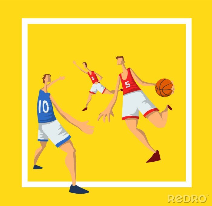 Poster  Basketball players in abstract flat style. Men playing with a basketball ball. Design template for sport poster. Vector illustration, isolated on white background.