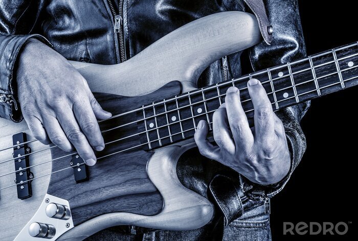 Poster  bassiste jouant du rock, image bleue
