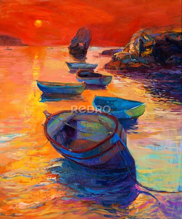 Poster  Bateaux de pêche et coucher de soleil