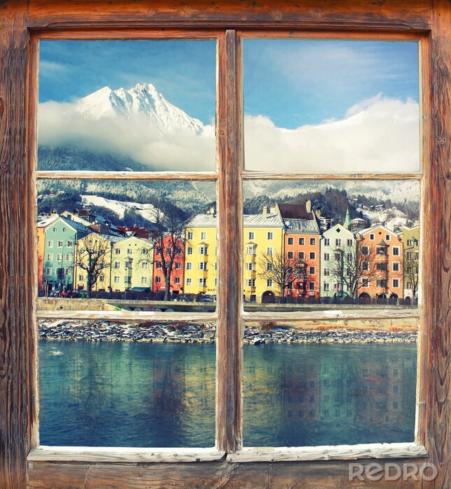 Poster  Bâtiments colorés derrière une fenêtre