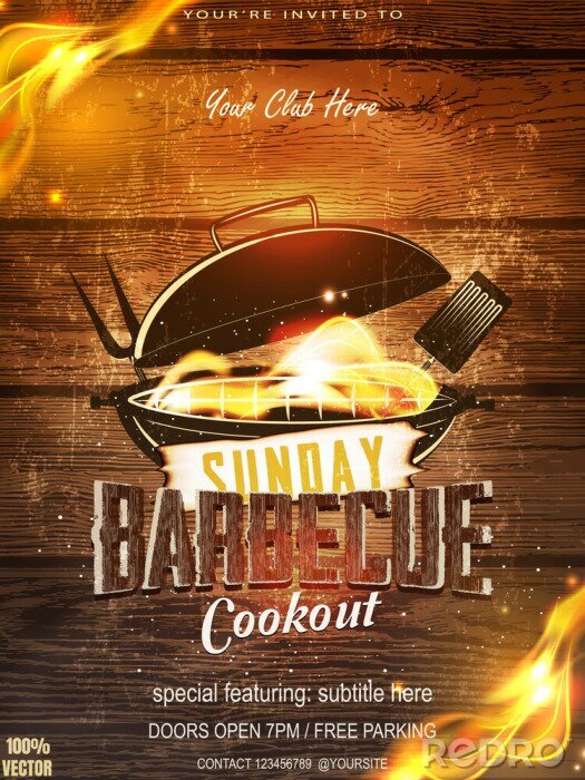 Poster  BBQ party invitation template on wooden. Summer Barbecue weekend flyer. Grill vector design with grill elements. Vector design for celebration, invitation, greeting card.