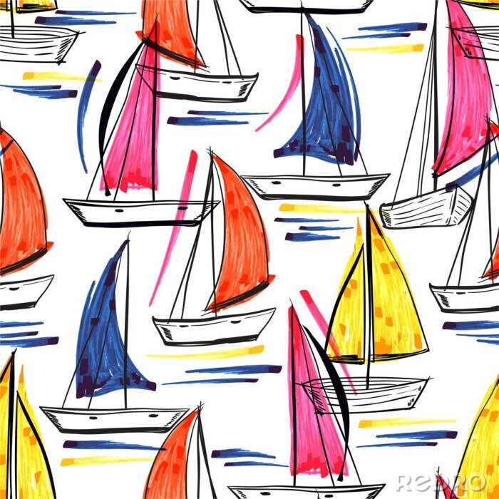 Poster  Beautiful trendy Hand drawn brush stroke of ship,wind surf ,boat on the ocean summer vibes seamless pattern in vector EPS10