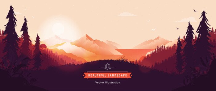Poster  Beautiful vector landscape illustration - Peaceful warm sunrise over mountains, ocean and forest. Travel, hiking, outdoors and adventure concept. Use as background or wallpaper.