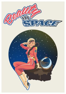 Poster  Beauty in Space, Retro Pin Up Girl Illustration, 1940s - 1950s Retro Futurism Style Poster, Woman Astronaut, Space Background