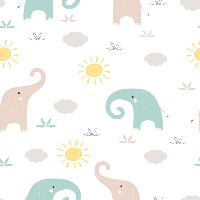 Poster  Bébés éléphants avec soleils et nuages