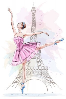 Poster  Belle ballerine posant et dansant sur le fond de la tour Eiffel. Fille dessiné à la main. Danseuse de ballet. Esquisser. Illustration vectorielle.