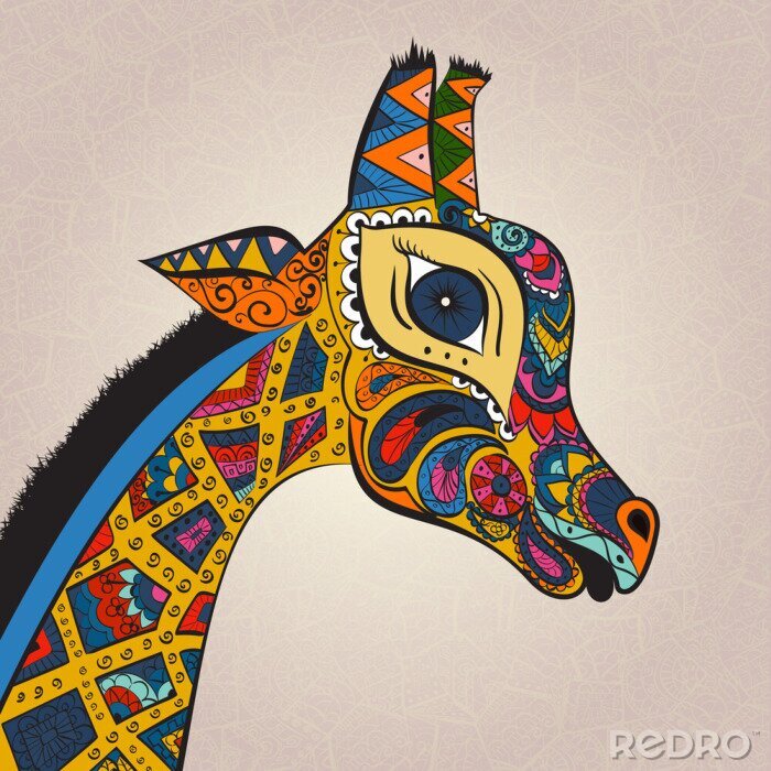 Poster  Belle girafe adulte. Illustration dessinée à la main de girafe ornementale. Coloré, girafe, décoratif, fond