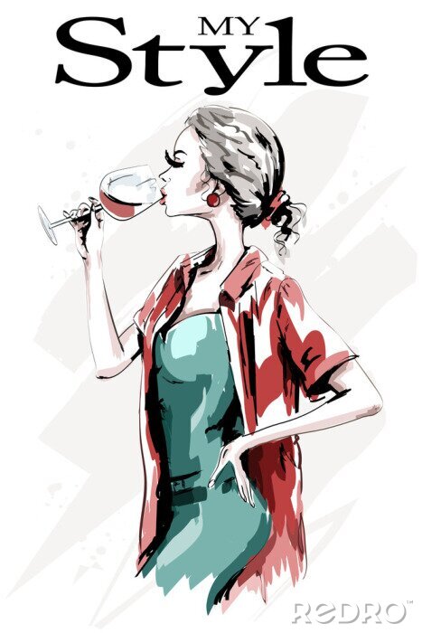 Poster  Belle jeune femme avec un verre de vin. Femme mignonne dessinés à la main en vêtements de mode. Dame blonde élégante cheveux potable. Esquisser.