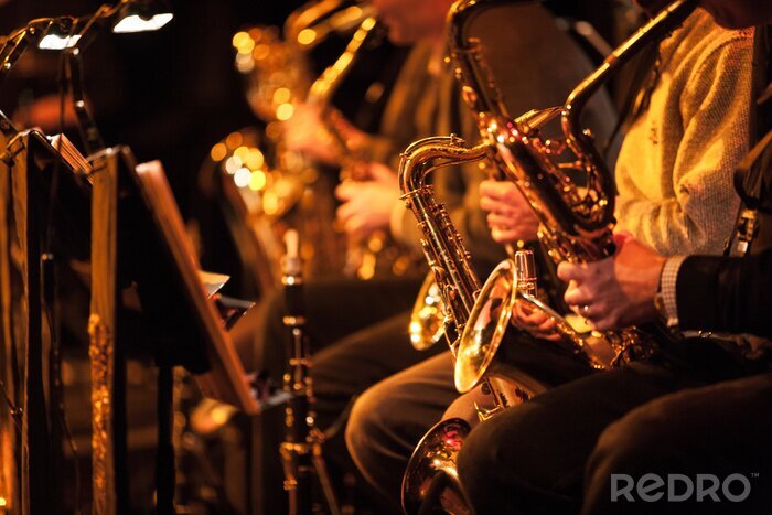 Poster  Big Band section de saxophone. Une vue candide long de la section de saxophones d'un big band en concert.