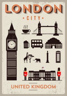 Poster  Big Ben et autres attractions londoniennes dans un style cartoon