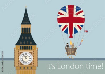 Poster  Big Ben et un ballon drapeau britannique dans un style cartoon