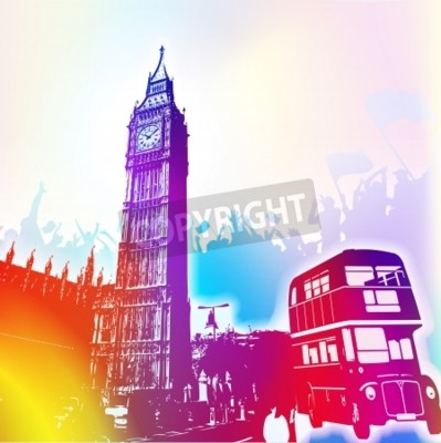 Poster  Big Ben et un bus sur fond coloré