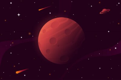 Poster  Big red planet with craters. Mars vector illustration. Space background with stars, planet and comets. Decoration for your design. Eps 10.