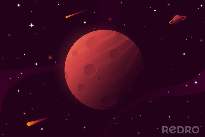 Poster  Big red planet with craters. Mars vector illustration. Space background with stars, planet and comets. Decoration for your design. Eps 10.