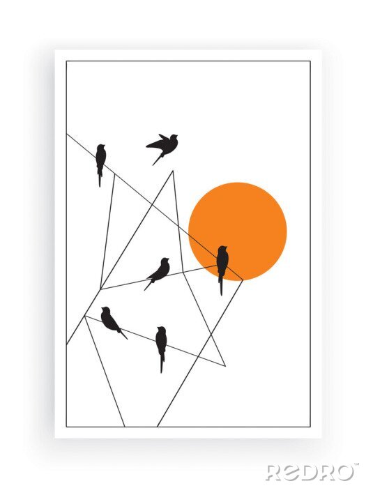 Poster  Birds silhouette on wire, vector. Scandinavian minimalist art design. Modern art design. Wall art, artwork, poster design