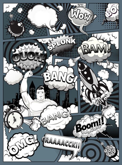 Poster  Black and white comic book page divided by lines with speech bubbles, rocket, superhero and sounds effect. Retro background mock-up. Comics template on dark background. Vector illustration