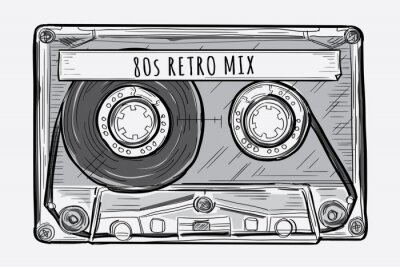 Black and white drawn retro audio cassette
