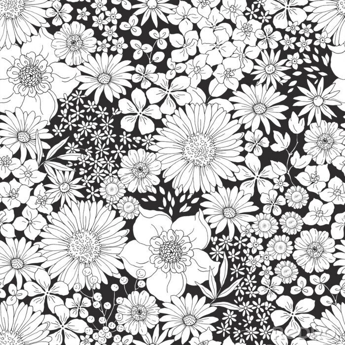 Poster  Black and white floral pattern with big and small flowers. Hand drawn vector illustration in vintage style.