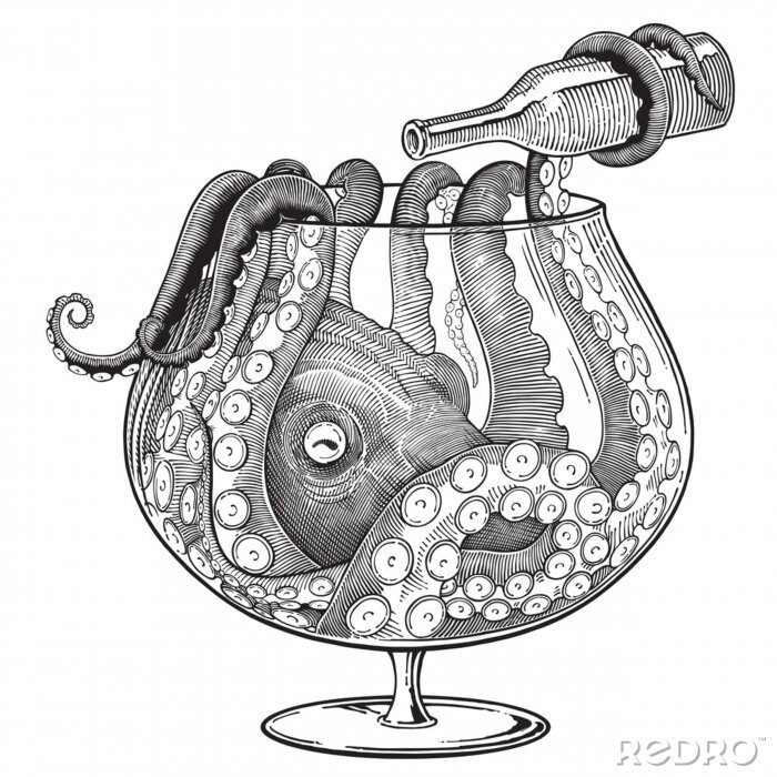 Poster  Black and white vector drawing of octopus with bottle sitting in a big glass