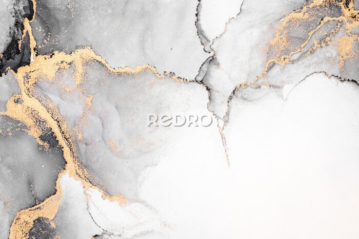 Poster  Black gold abstract background of marble liquid ink art painting on paper . Image of original artwork watercolor alcohol ink paint on high quality paper texture .