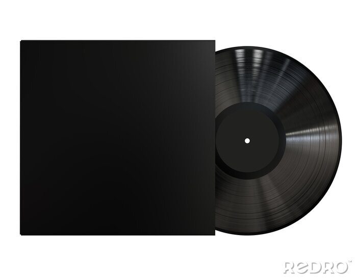 Poster  Black Vinyl Disc Record with Black Cover Sleeve and Black Label . 3D Render Isolated on White Background.