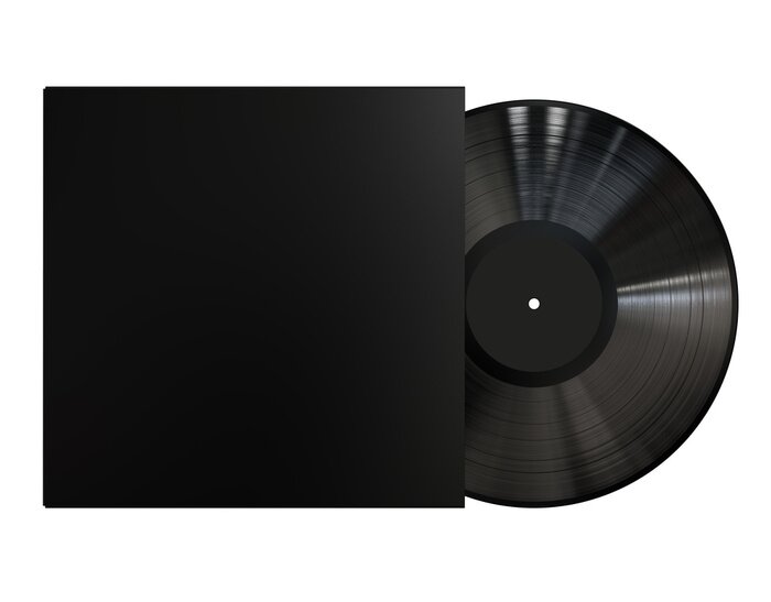 Poster  Black Vinyl Disc Record with Black Cover Sleeve and Black Label . 3D Render Isolated on White Background.