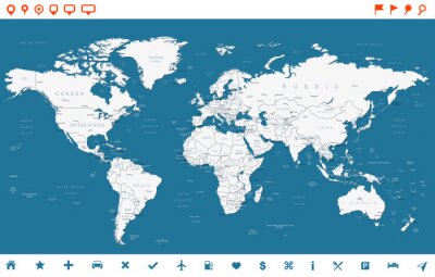 Bleu Acier Carte mondiale et icônes de navigation - carte détaillée illustration.Highly mondiale: les pays, les villes, les objets de l'eau.