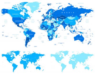 Bleu Carte du monde - les frontières, les pays et les villes - illustration avec des spécifications différentes. 1 - très détaillées: les pays, les villes, les objets de l'eau 2 - contours des pays 3 