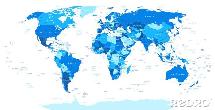 Poster  Bleu Carte du monde - les frontières, les pays et les villes -illustration. Image contient contours terrestres, les noms de pays et de pays, les noms de ville, les noms d'objets de l'eau.