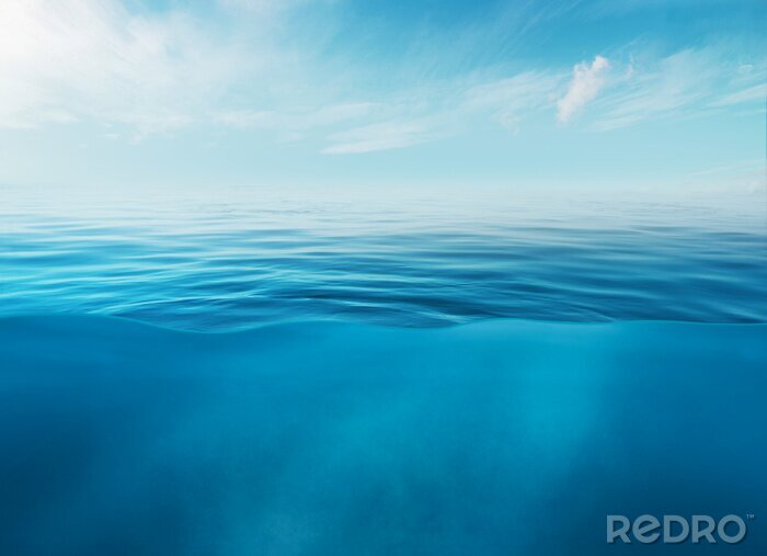 Poster  Blue sea or ocean water surface and underwater with sunny and cloudy sky