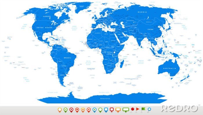 Poster  Blue World Map and navigation icons - illustration. Highly detailed world map. Countries, cities, water objects.