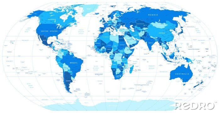 Poster  Blue World Map - borders, countries and cities -illustration.