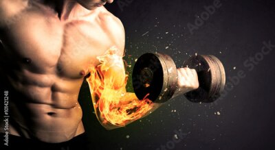 Poster  Bodybuilder avec un haltère sur fond noir