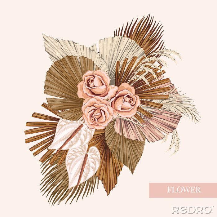Poster  Boho bouquet dried palm leaves rose anthurium flower illustration. Tropical jungle floral vector composition.