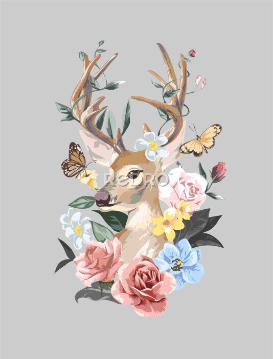 Poster  Bois de cerf avec des fleurs colorées