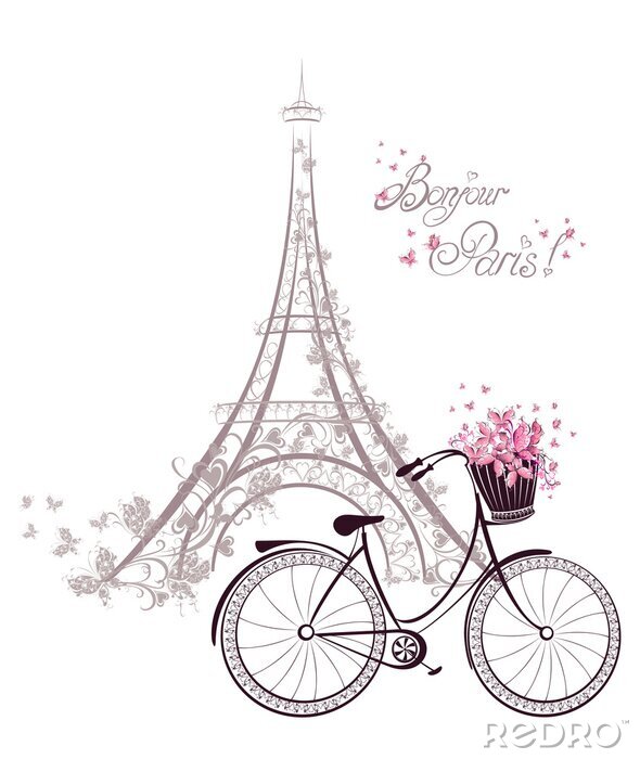 Poster  Bonjour texte Paris avec la tour Eiffel et vélo