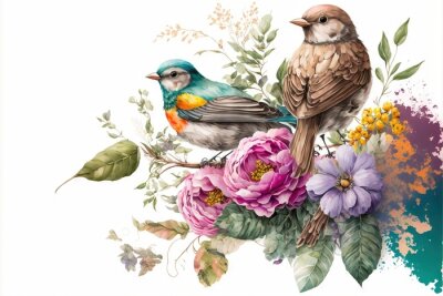 Bosquets de fleurs avec des oiseaux