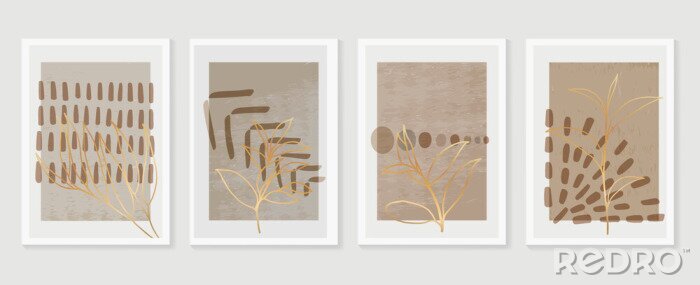 Poster  Botanical and golden line wall art vector set. Earth tone boho foliage line art drawing with  abstract shape.  Abstract Plant Art design for print, cover, wallpaper, Natural wall art..