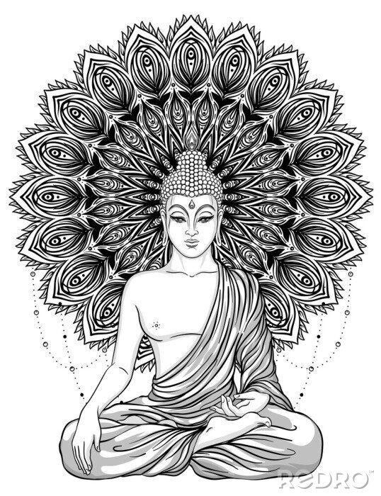 Poster  Bouddha assis sur une fleur rose fleurie. Illustration vectorielle vintage ésotérique. Indien, bouddhisme, art spirituel. Tatouage hippie, spiritualité, dieu thaïlandais, yoga zen