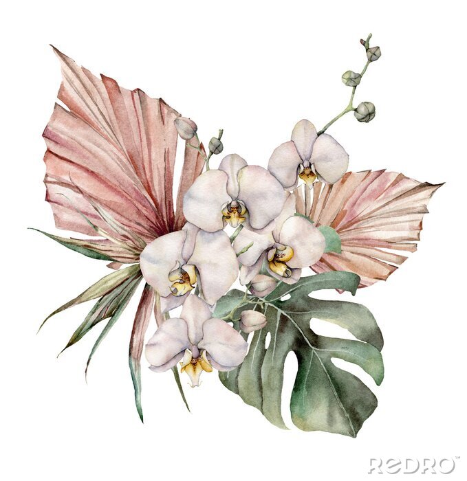 Poster  Bouquet d'orchidées et de feuilles colorées