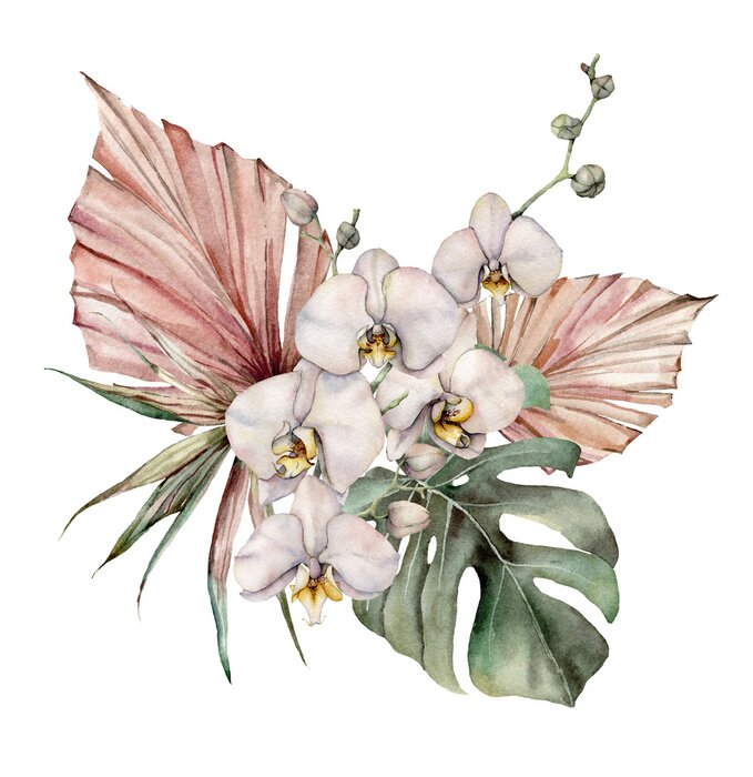 Poster  Bouquet d'orchidées et de feuilles colorées