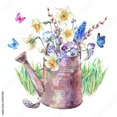 Poster  Bouquet de printemps avec des jonquilles, des pensées, des muscari et des papillons